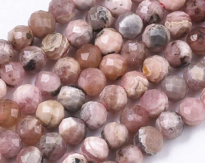 Natural Argentinian Rhodochrosite Gemstone Micro Faceted Round Beads | Grade AAA | Sold by 15 Inch Strand | Size 3mm | Hole 0.5mm