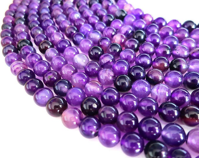 Purple Stripe Agate Beads | Round Natural Gemstone Loose Beads | Sold by Strand | Size 8mm