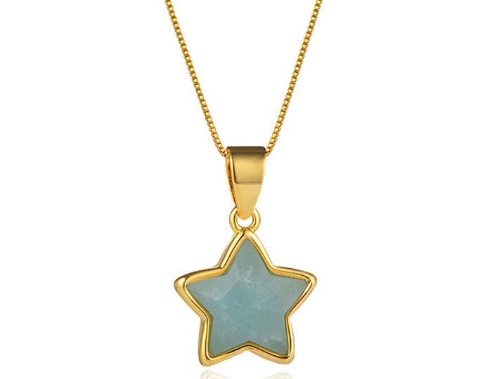 Faceted Amazonite Star Pendant Necklace | 18K Gold Plated Brass Chain | Lobster Clasp | Chain Length 18 Inch | Pendant Size 12mm