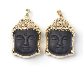 ONE Black Glass Buddha Plated Brass Pendant | Size 26x34mm | Bail 5mm