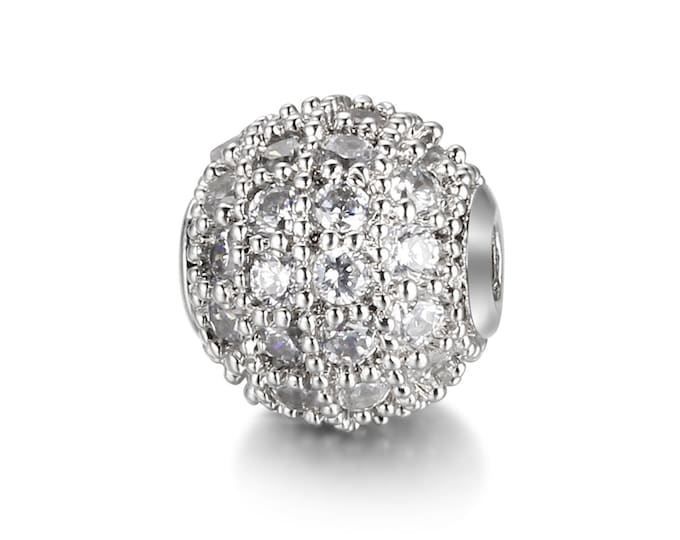 Cubic Zirconia Micro Pave Brass Round Bead | Clear Crystal | Silver Color Plated | Sold Individually | Size 8mm 10mm