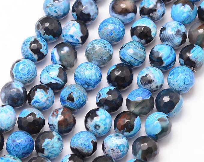 Natural Blue Black Fire Agate Gemstone Faceted Round Beads | Sold by 15 Inch Strand | Size 6mm 8mm 10mm 12mm