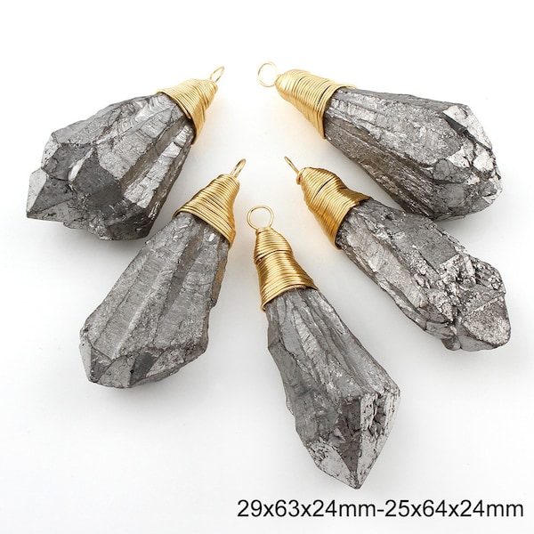 Druzy Agate Pendant | Gray Metallic | Geode Agate | Gold Plated Brass | Wire Wrapped Pendant | Size 25-29x63-64x24mm