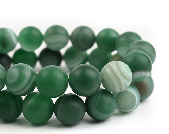 Stripe Agate Beads | Matte Green | Round Natural Gemstone Beads | Sold by 15 Inch Strand | Size 4mm 6mm 8mm 10mm
