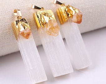 ONE Gold Edged Natural White Selenite Gypsum Gemstone Pendant with Raw Citrine | Size 45-60mm
