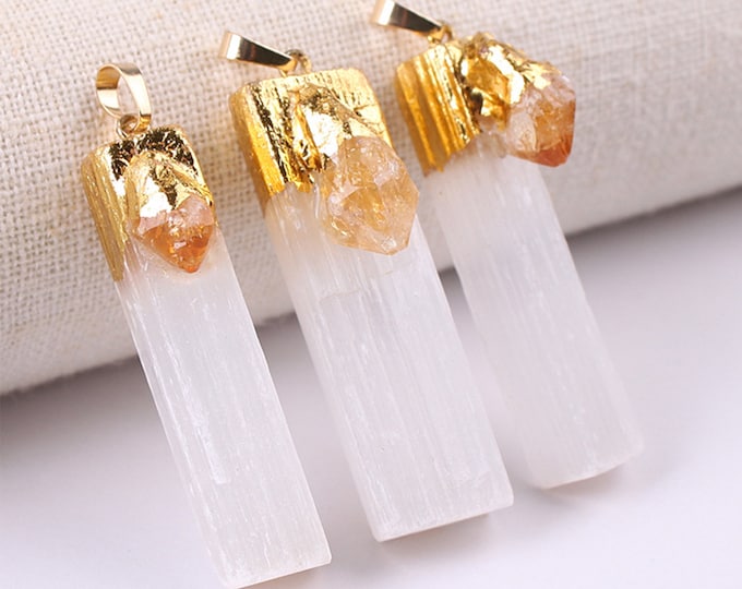 White Selenite Gypsum Pendant with Raw Citrine | Gold Edged | Natural Gemstone Loose Pendant Bead | Sold by Piece | Size 45-60mm