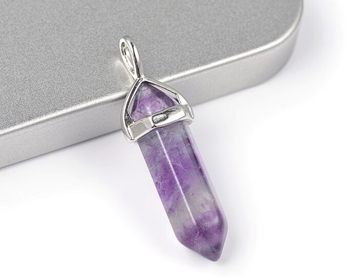 ONE Natural Purple Fluorite Gemstone Faceted Bullet Pendant | Silver Color Zinc Alloy Bail | Size 36-40x12mm