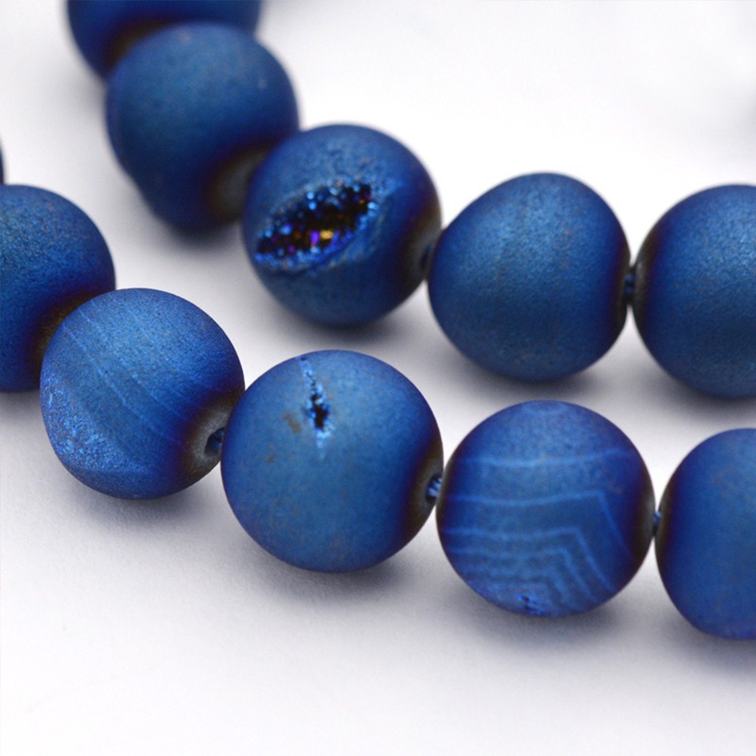 Druzy Agate Beads | Matte Blue Metallic | Round Natural Gemstone Loose