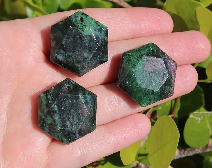 ONE Natural Ruby in Zoisite Gemstone Merkaba Faceted Hexagon Pendant | Size 25mm | Hole 2mm