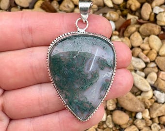 Natural Moss Agate Gemstone 925 Sterling Silver Pendant Focal Bead Size 1.75 Inch