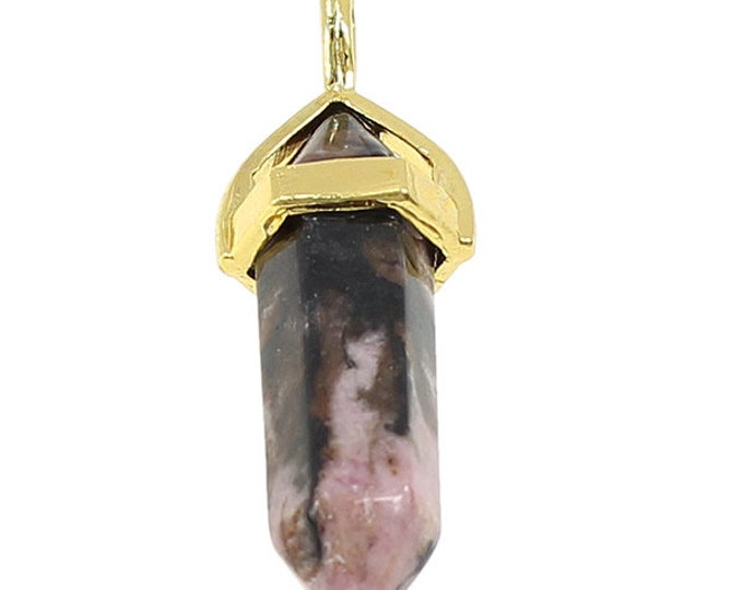 ONE Natural Rhodonite Gemstone Faceted Bullet Pendant | Gold Color Zinc Alloy Bail | Size 36-40x12mm