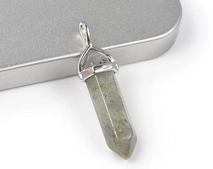 ONE Natural Labradorite Gemstone Faceted Bullet Pendant | Silver Color Zinc Alloy Bail | Size 36-40x12mm