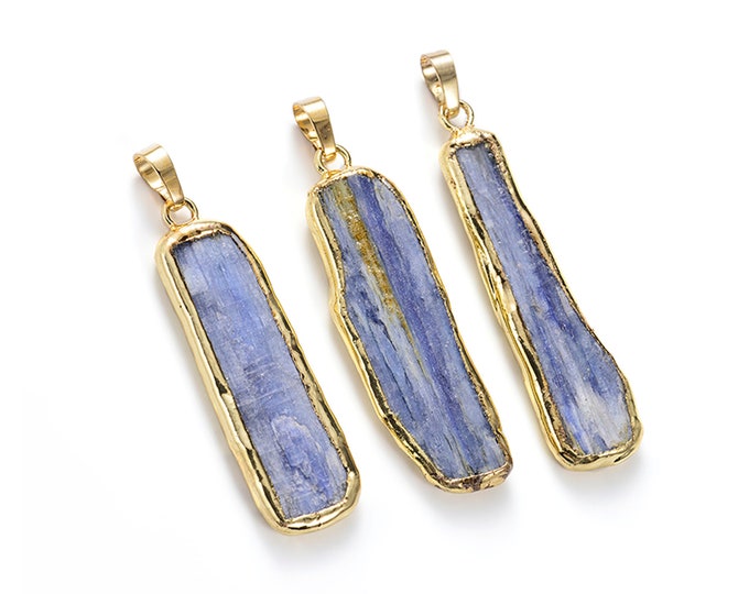 ONE Gold Edged Natural Kyanite Gemstone Slab Bar Pendant | Sold Individually | Size 12x40-15x45mm | Pewter 5-6mm