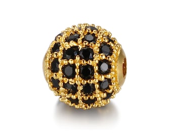18K Gold Plated Round Bead with Black Cubic Zirconia Micro Pave (8mm 10mm)