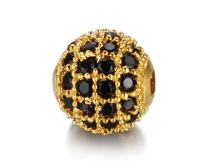 Cubic Zirconia Micro Pave Brass Round Bead | Black Crystal | 18K Gold Plated | Sold Individually | Size 8mm 10 mm