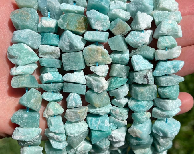 Natural Raw Blue Amazonite Gemstone Drilled Rough Nuggets Beads | Sold by 7 Inch Strand | Size 6~15mm