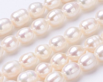 Natural Cultured Freshwater Pearl Rice Shape Beads | Sold by 13.8 Inch Strand | Size 7~8x6~7mm | Hole 0.5mm