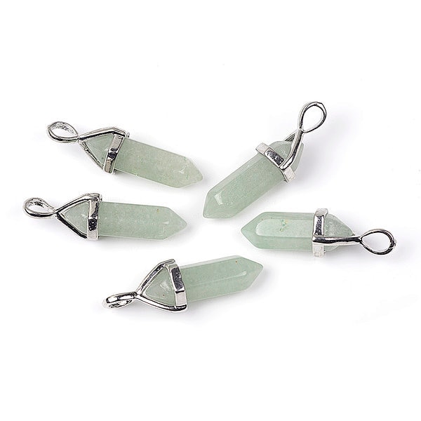 ONE Natural Green Aventurine Gemstone Faceted Bullet Pendant | Silver Color Zinc Alloy Bail | Size 36-40x12mm