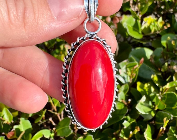 Natural Red Coral Pendant 925 Sterling Silver Gemstone Pendant Focal Bead Size 2 Inch