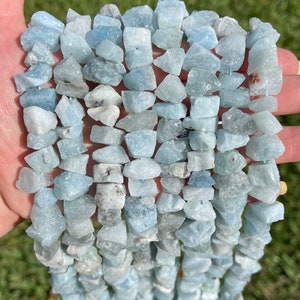 Natural Raw Blue Aquamarine Gemstone Drilled Rough Nuggets Beads | Sold by 7 Inch Strand | Size 6-15mm