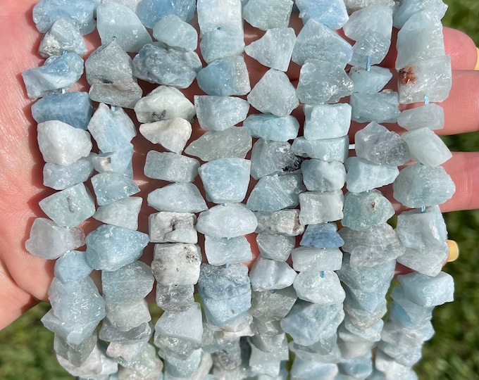 Blue Aquamarine Nuggets Beads | Drilled Raw Natural Gemstone Loose Beads | Sold by 7 Inch Strand | Size 6-15mm