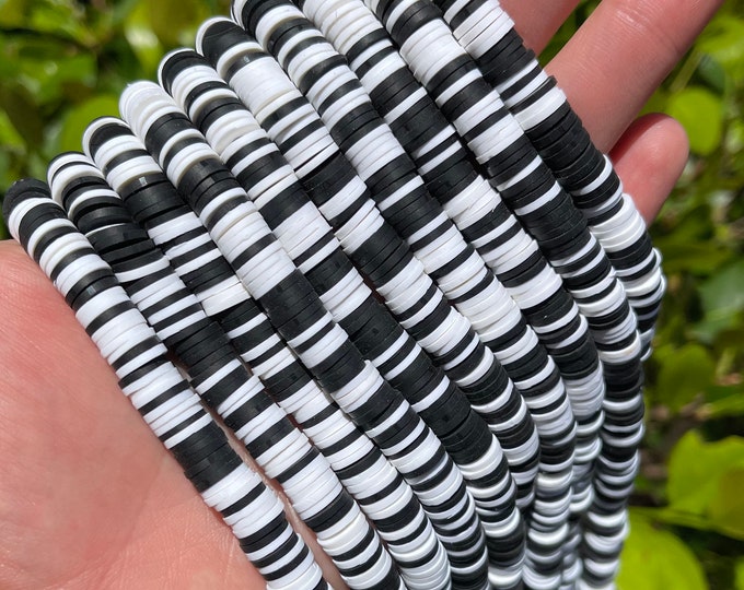 8mm Vinyl Heishi Disc Beads | Black White Mix | Polymer Clay Beads | African Vinyl Beads | Vinyl Disc Beads | 350-400 Beads Per Strand