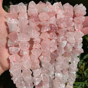 Natural Raw Rose Quartz Gemstone Drilled Rough Nuggets Beads | Sold by 7 Inch Strand | Size 6~12mm