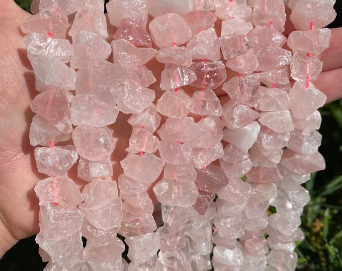 Natural Raw Rose Quartz Gemstone Drilled Rough Nuggets Beads | Sold by 7 Inch Strand | Size 6~12mm