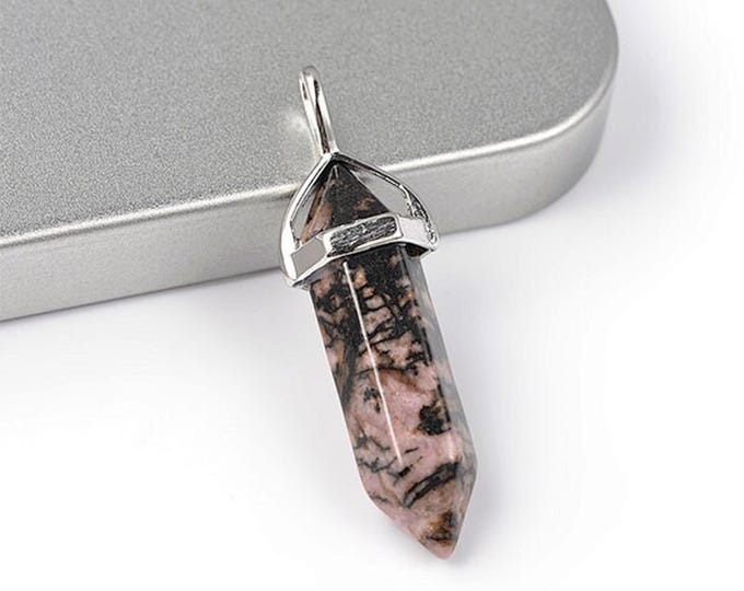 ONE Natural Black Veined Rhodonite Gemstone Faceted Bullet Pendant | Silver Color Zinc Alloy Bail | Size 36-40x12mm
