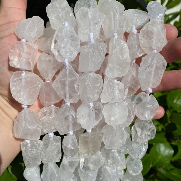 Large Natural Clear Quartz Gemstone Drilled Rough Nuggets Beads | Sold by 7 Inch Strand | Size 14-18x20-24mm