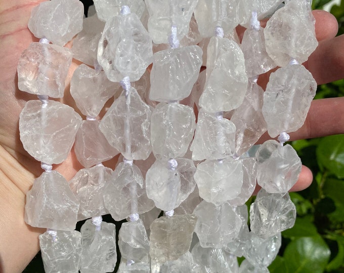 Large Natural Clear Quartz Gemstone Drilled Rough Nuggets Beads | Sold by 7 Inch Strand | Size 14-18x20-24mm