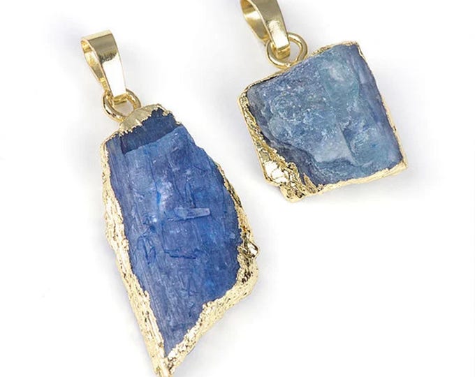 ONE Natural Blue Kyanite Gemstone Gold Edge Plated Slab Pendant Size 15x17-16x32mm