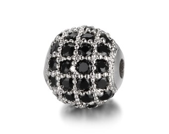 Silver Plated Brass Bead: Black Cubic Zirconia Micro Pave (8mm 10mm)