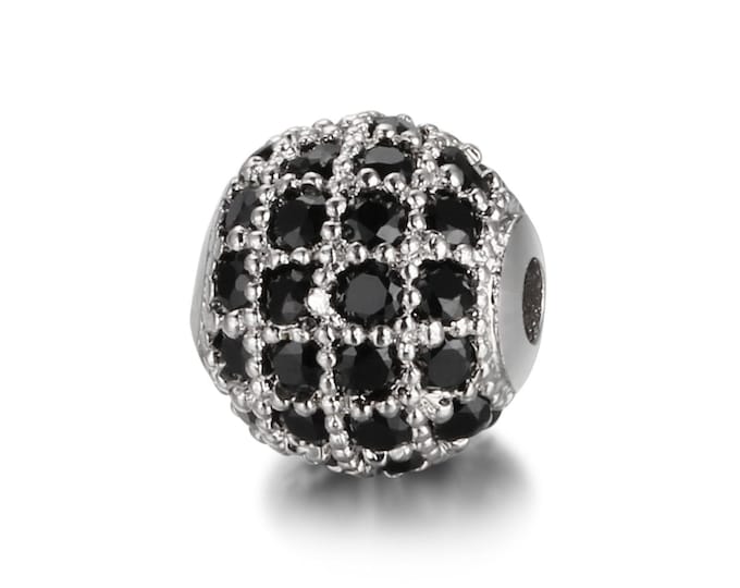 Cubic Zirconia Micro Pave Brass Round Bead | Black Crystal | Silver Color Plated | Sold Individually | Size 8mm 10 mm