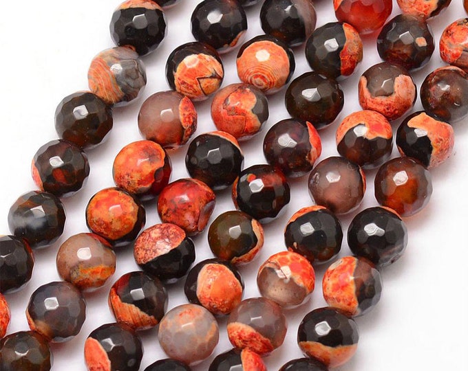 Fire Agate Beads | Orange Black | Faceted Round Natural Gemstone Loose Beads | Sold by Strand | Size 8mm 10mm 12mm