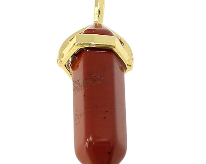 ONE Natural Red Jasper Gemstone Faceted Bullet Pendant | Gold Color Zinc Alloy Bail | Size 36-40x12mm