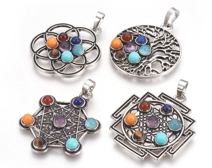 7 Chakras Gemstone Pendant | Chakra Healing Pendant | Silver Brass | Sold by Piece | Size 36-38x30-32x5mm | Hole 5x8mm