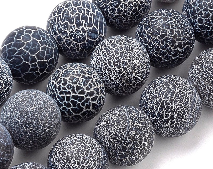 Matte Black Effloresce Agate Gemstone Round Beads | Grade A | Sold by 15 Inch Strand | Size 8mm