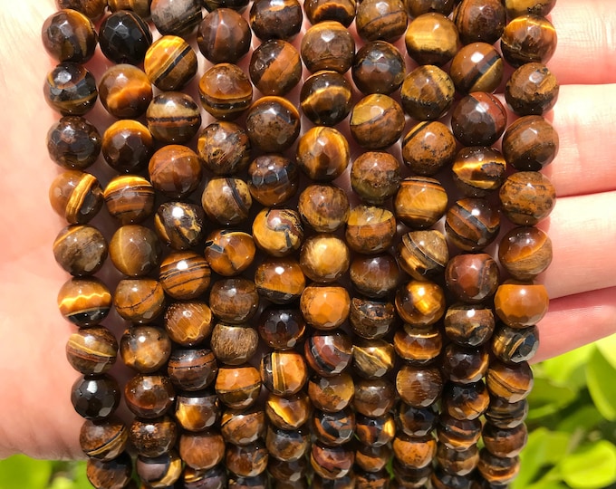 Tiger Eye Beads | Faceted Round Natural Gemstone Beads | Sold by 15 Inch Strand | Size 6mm 8mm 10mm