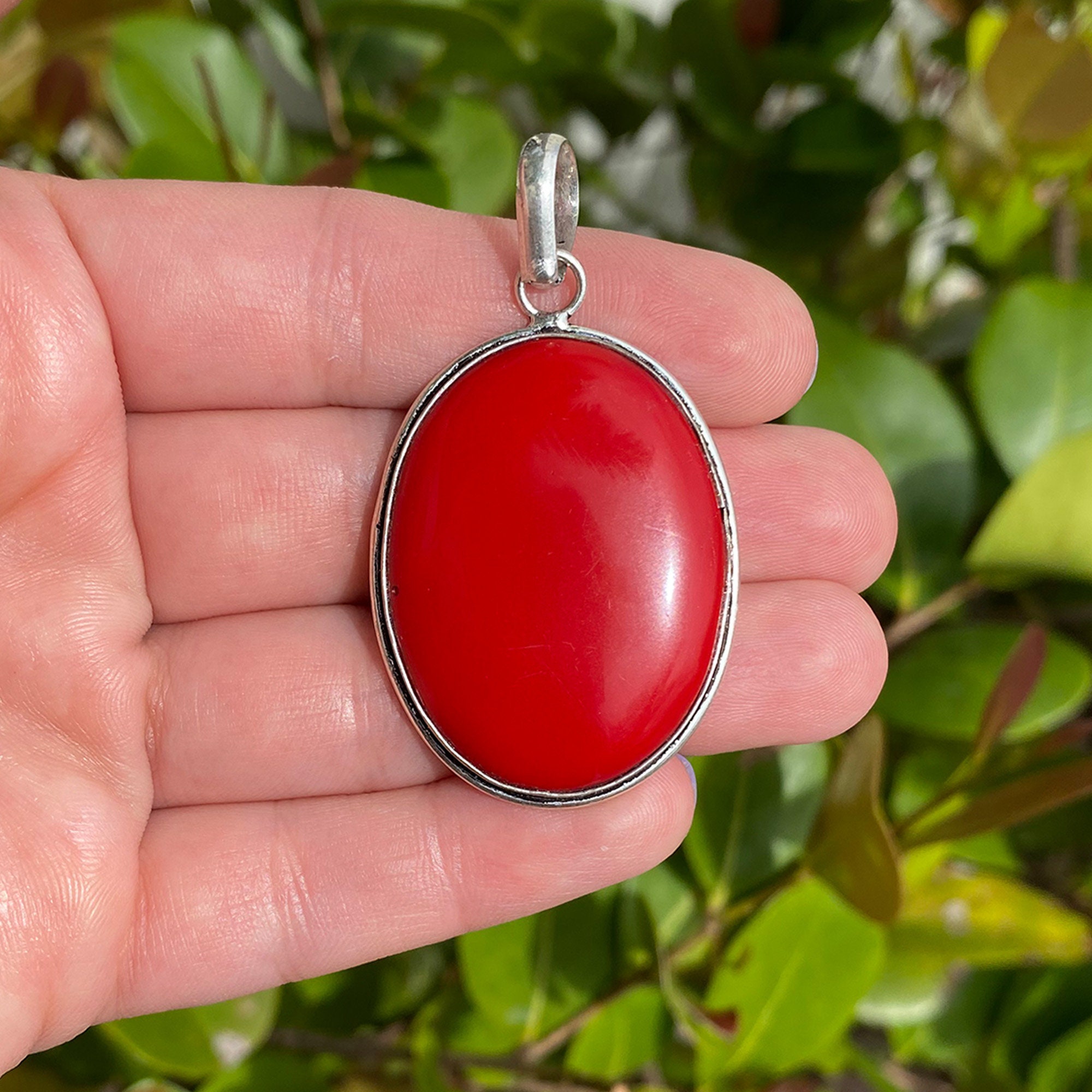 Natural Red Coral Pendant .925 Sterling Silver Gemstone Pendant Focal