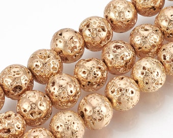 Lava Beads | Light Gold Color Plated Beads | Round Natural Gemstone Beads | Sold by 15 Inch Strand | Size 4-5mm 6mm 8-9mm