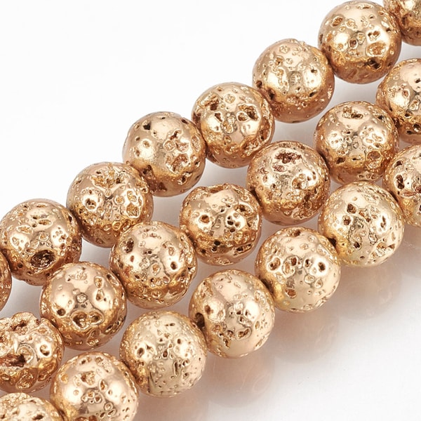 Lava Beads | Light Gold Color Plated Beads | Round Natural Gemstone Beads | Sold by 15 Inch Strand | Size 4-5mm 6mm 8-9mm