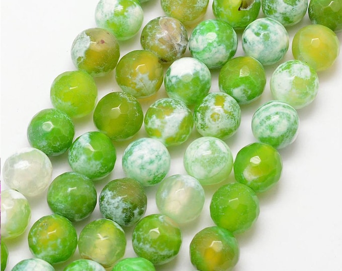 Natural Green White Fire Agate Gemstone Faceted Round Beads | Sold by 15 Inch Strand | Size 8mm 10mm