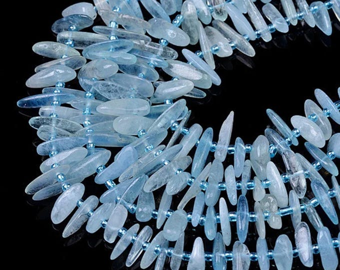 A Grade Natural Blue Aquamarine Gemstone Long Chips Beads | Sold by 15 Inch Strand | Size 4x12-5x20mm
