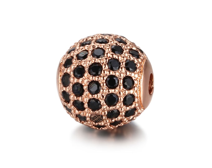 Cubic Zirconia Micro Pave Brass Round Bead | Black Crystal | Rose Gold Plated | Sold Individually | Size 8mm 10 mm