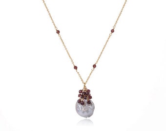 18K Gold Plated Baroque Pearl Chain Necklace with Red Garnet Gemstone