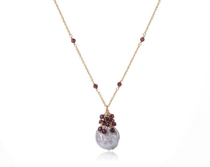 18K Gold Plated Baroque Pearl Chain Necklace with Red Garnet Gemstone