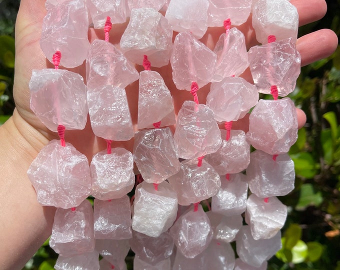 Large Natural Raw Rose Quartz Gemstone Drilled Rough Nuggets Beads | Sold by 7 Inch Strand | Size 16-20x23-28x8-15mm