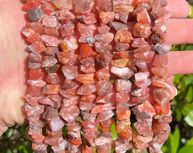 Raw Carnelian Agate Nuggets Beads | Drilled Rough Natural Gemstone Loose Beads | Sold by 7 Inch Strand | Size 6-12mm