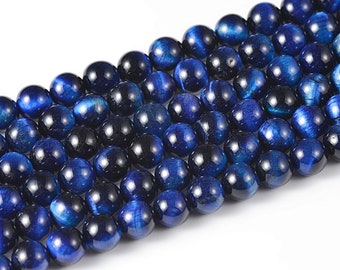 Perles en oeil de tigre bleu foncé de qualité AAA | 6 mm 8 mm 10 mm, 15 pouces